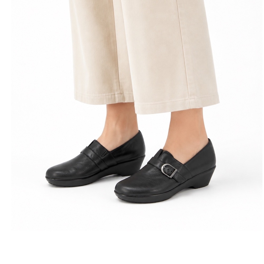 Dansko Jane Wedge Clogs Womens 38 7.5-8 Black Leather Monk Strap Loafer Comfort